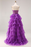 Purple Ruffled Sweetheart A Line Corset Long Prom Dress with Lace