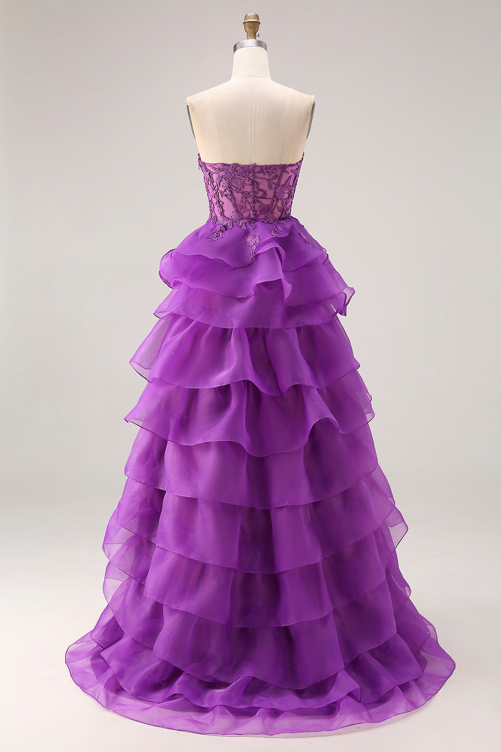 Purple Sweetheart Ruffled A Line Long Corset Prom Dress with Lace