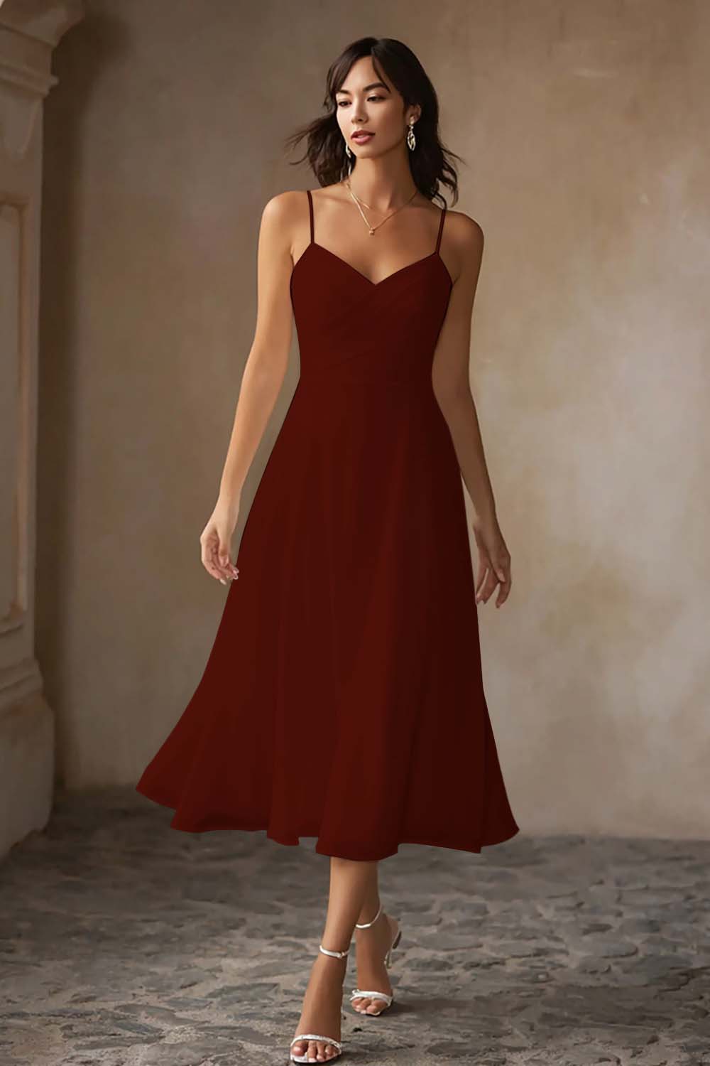 White Chiffon A Line Spaghetti Straps Midi Engagement Dress