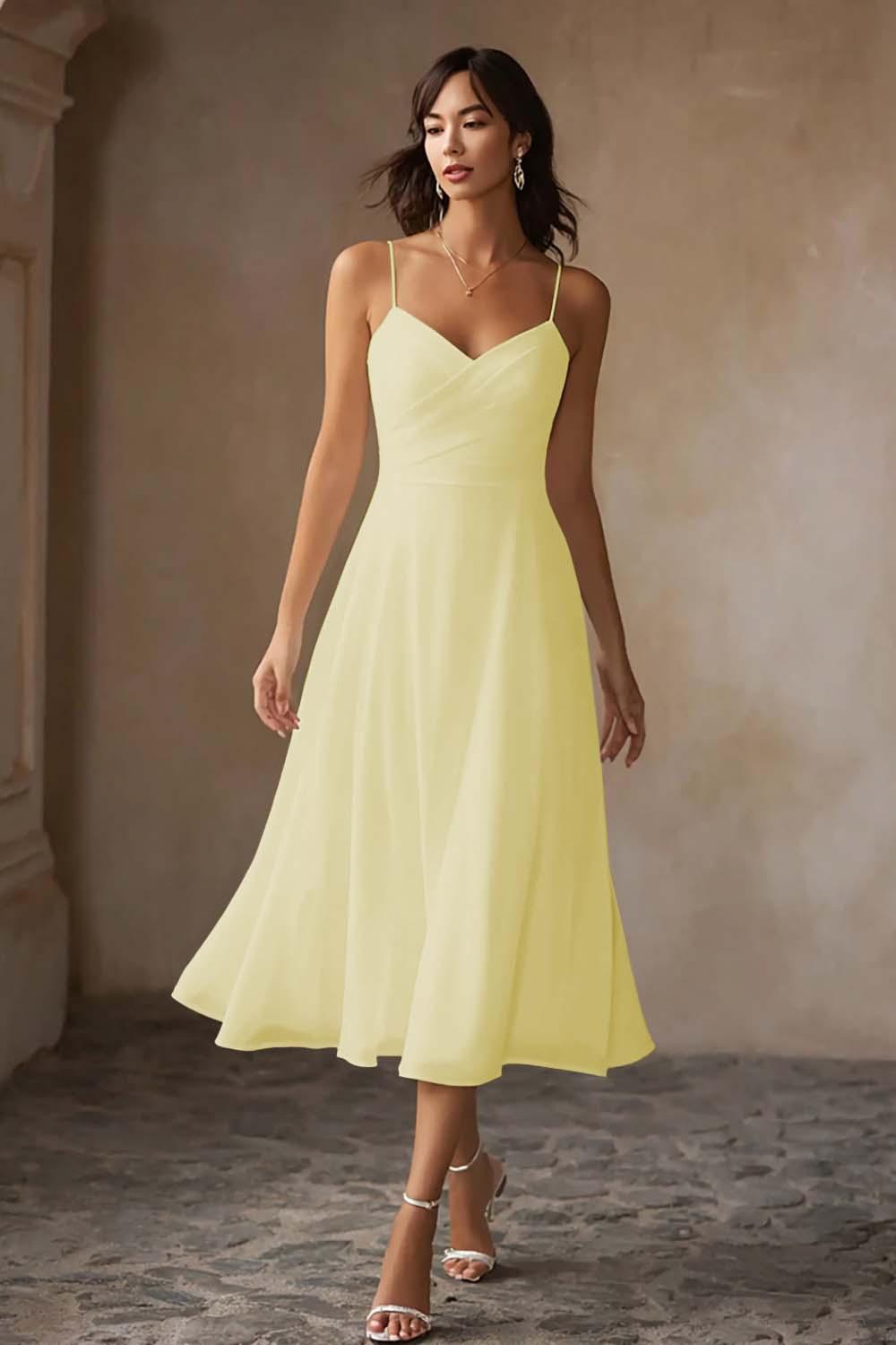 White Chiffon A Line Spaghetti Straps Midi Engagement Dress