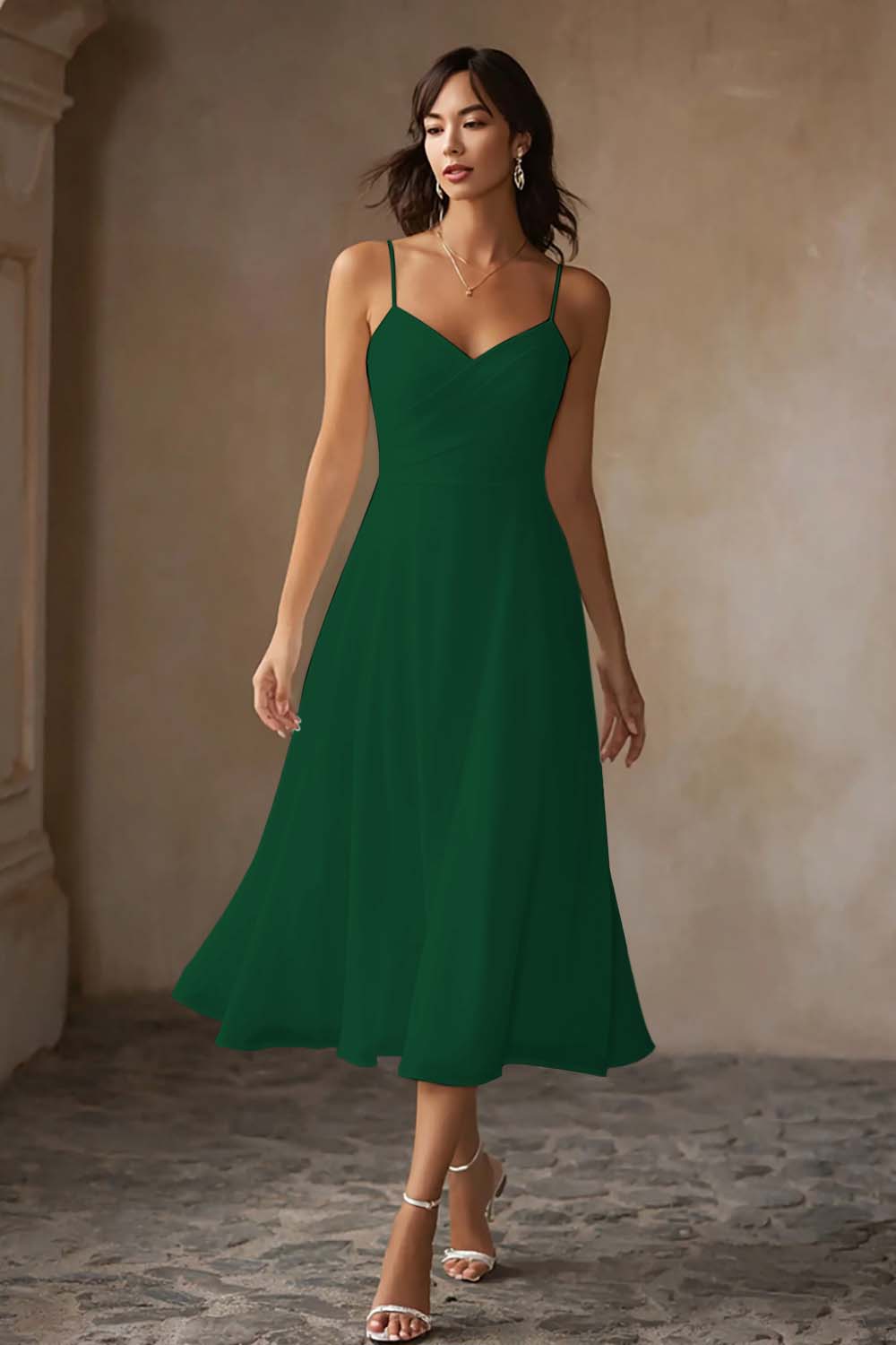 White Chiffon A Line Spaghetti Straps Midi Engagement Dress