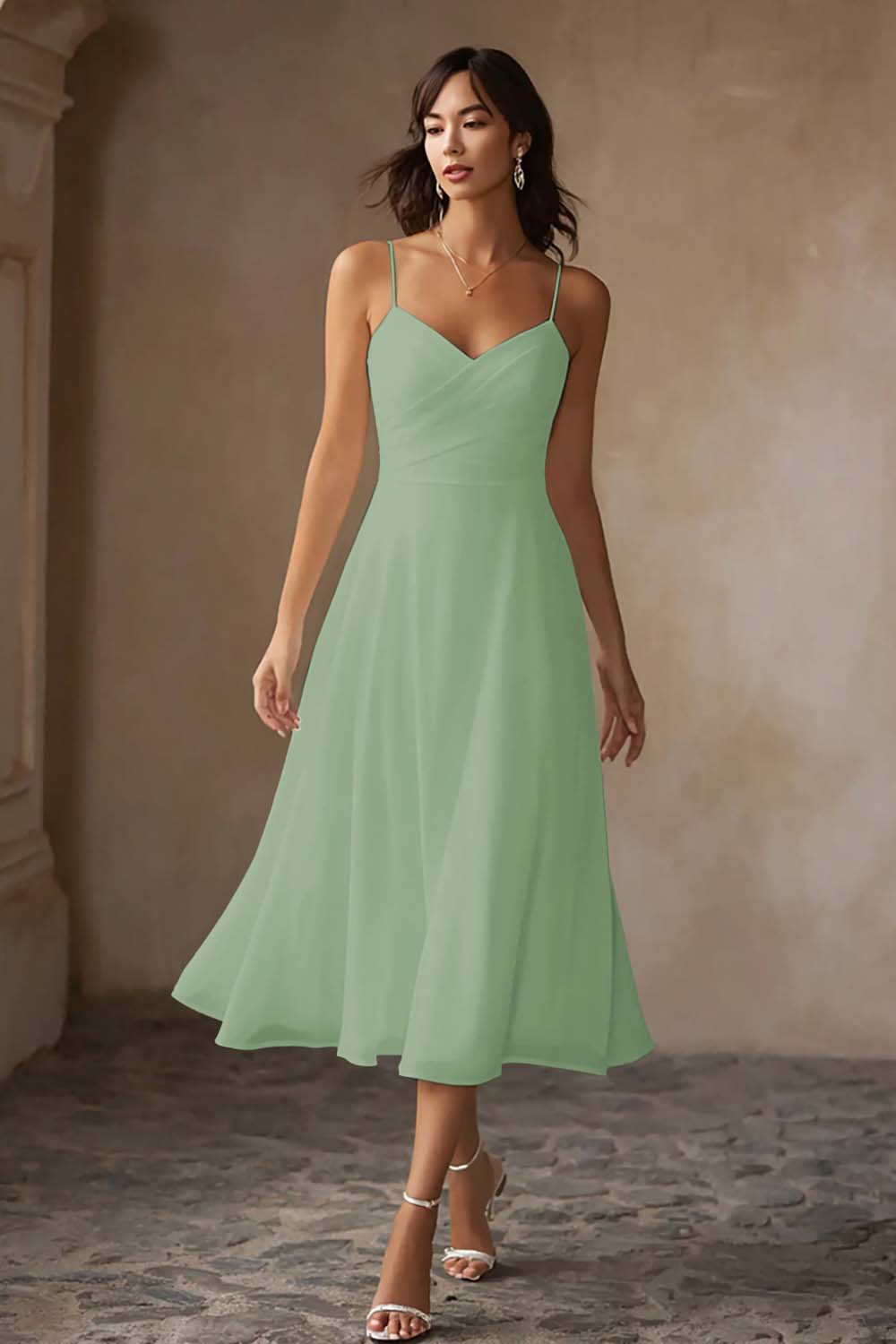 White Chiffon A Line Spaghetti Straps Midi Engagement Dress