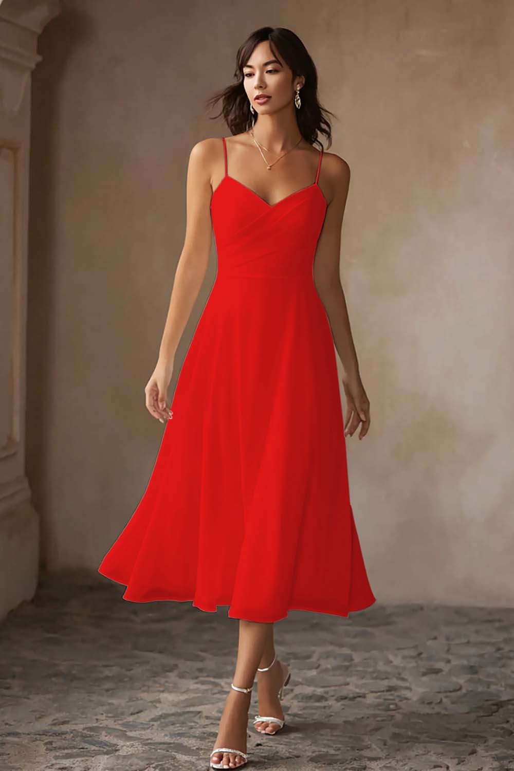 White Chiffon A Line Spaghetti Straps Midi Engagement Dress