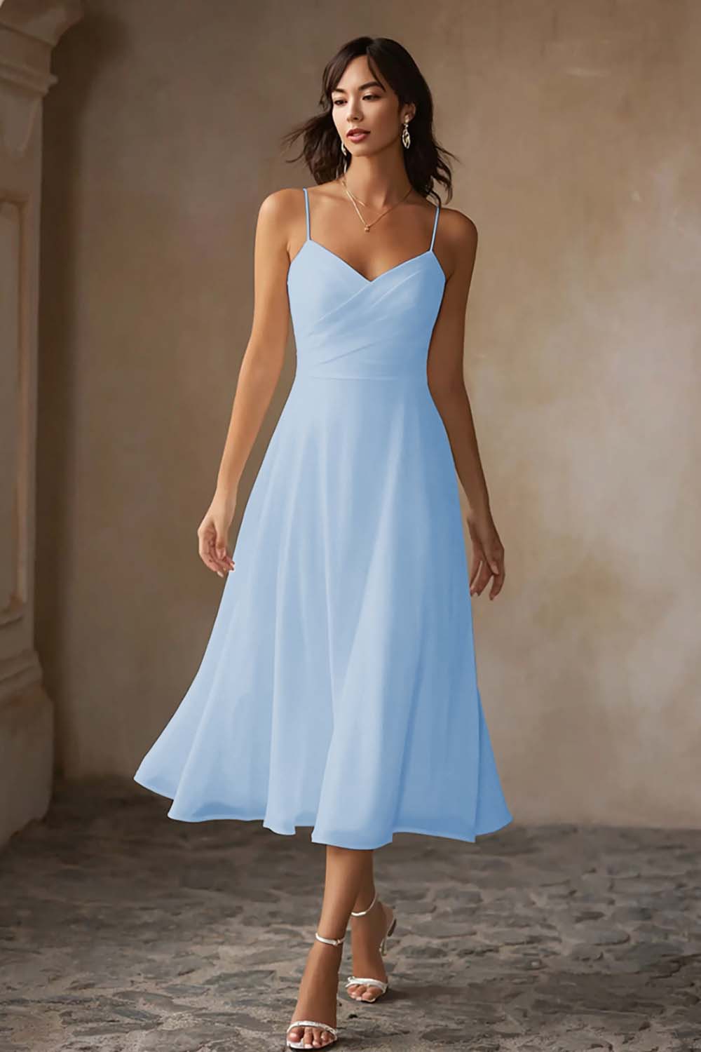 White Chiffon A Line Spaghetti Straps Midi Engagement Dress