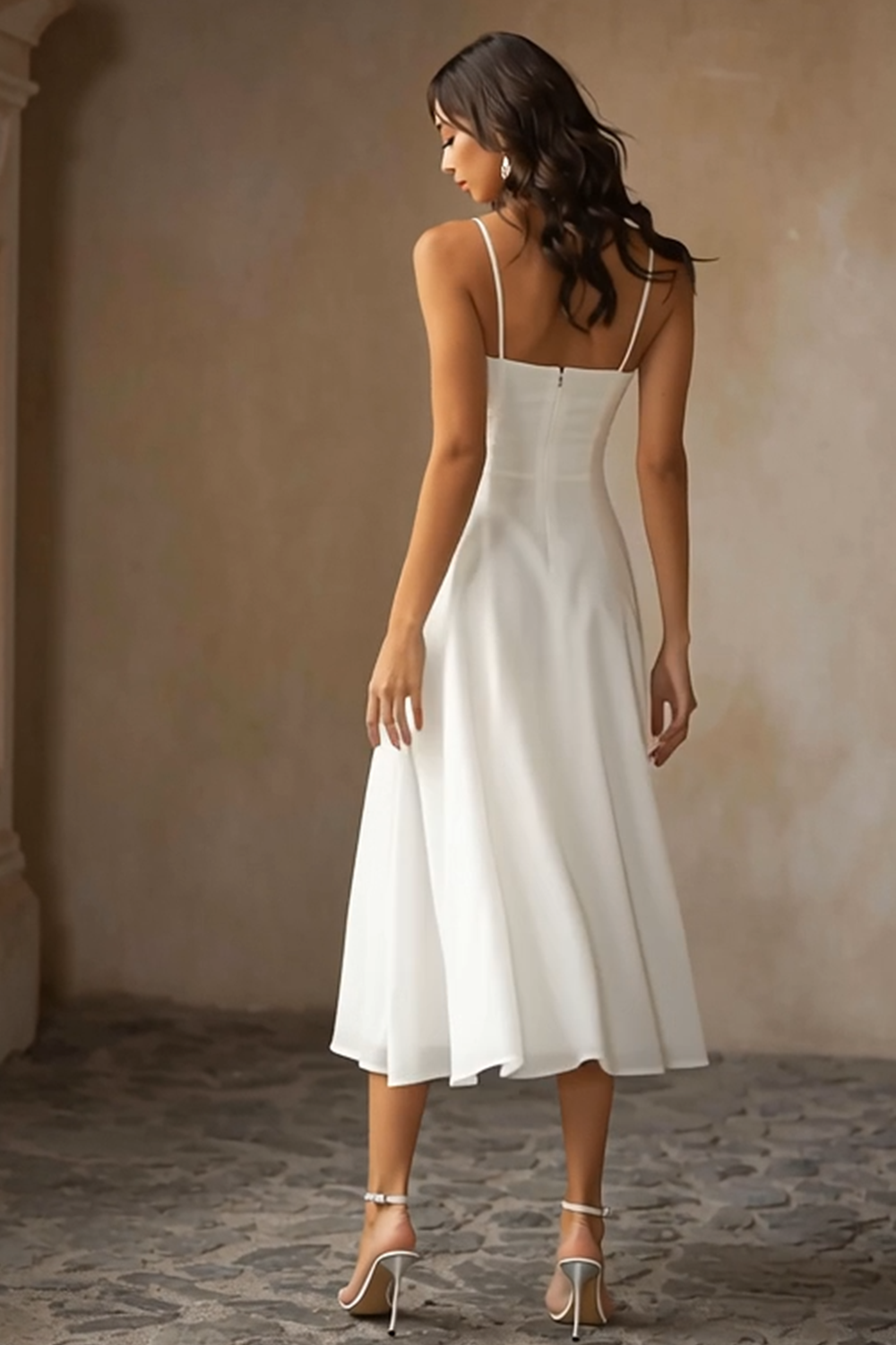 Zapakasa Women White Chiffon Midi Engagement Dress A Line Spaghetti