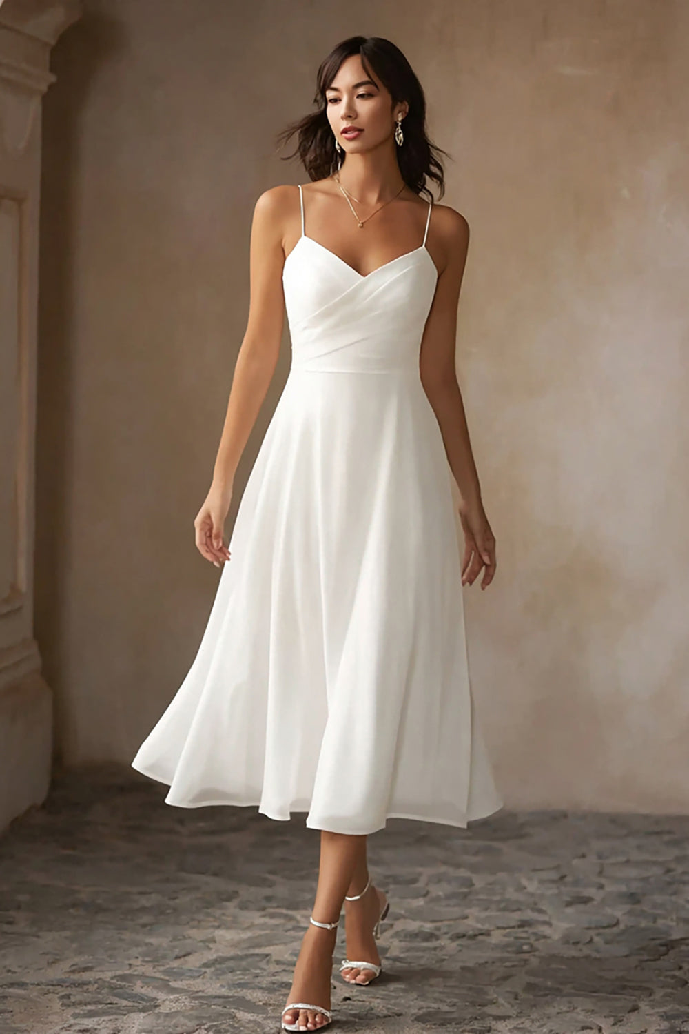 Zapakasa Women White Chiffon Midi Engagement Dress A Line Spaghetti