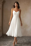 White Chiffon A Line Spaghetti Straps Midi Engagement Dress