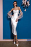White Bodycon Satin Sweetheart Midi Engagement Dress