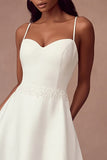 White Satin A Line Spaghetti Straps Long Wedding Reception Dress