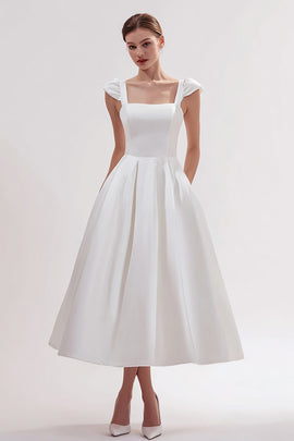White Satin Square Neck A Line Long Wedding Reception Dress