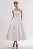 White Satin Square Neck A Line Long Wedding Reception Dress