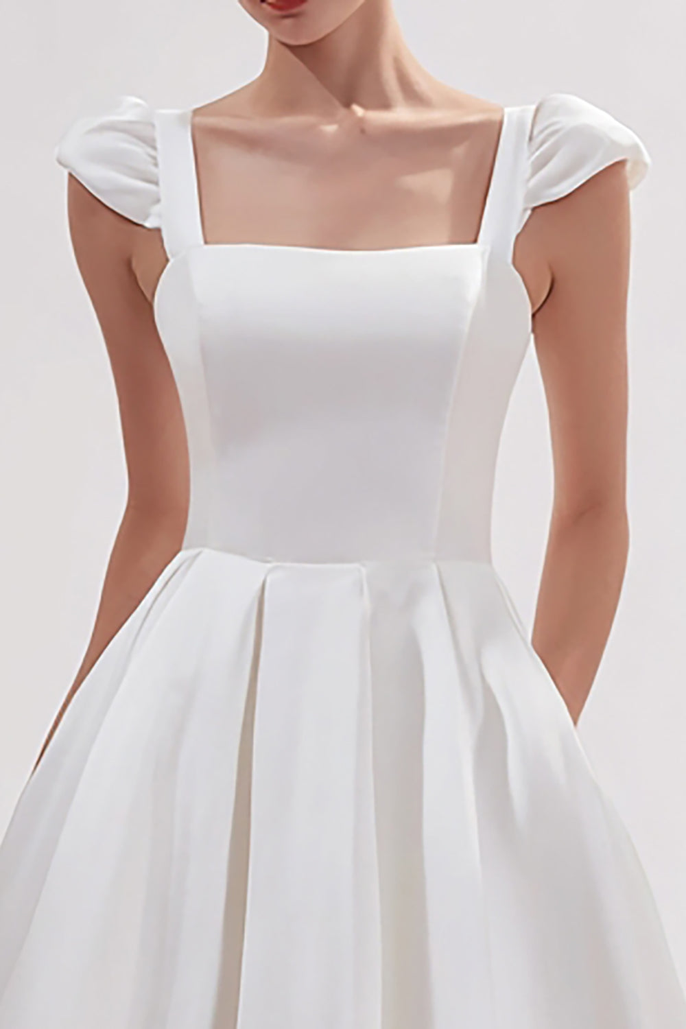 White Satin Square Neck A Line Long Wedding Reception Dress