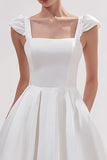 White Satin Square Neck A Line Long Wedding Reception Dress