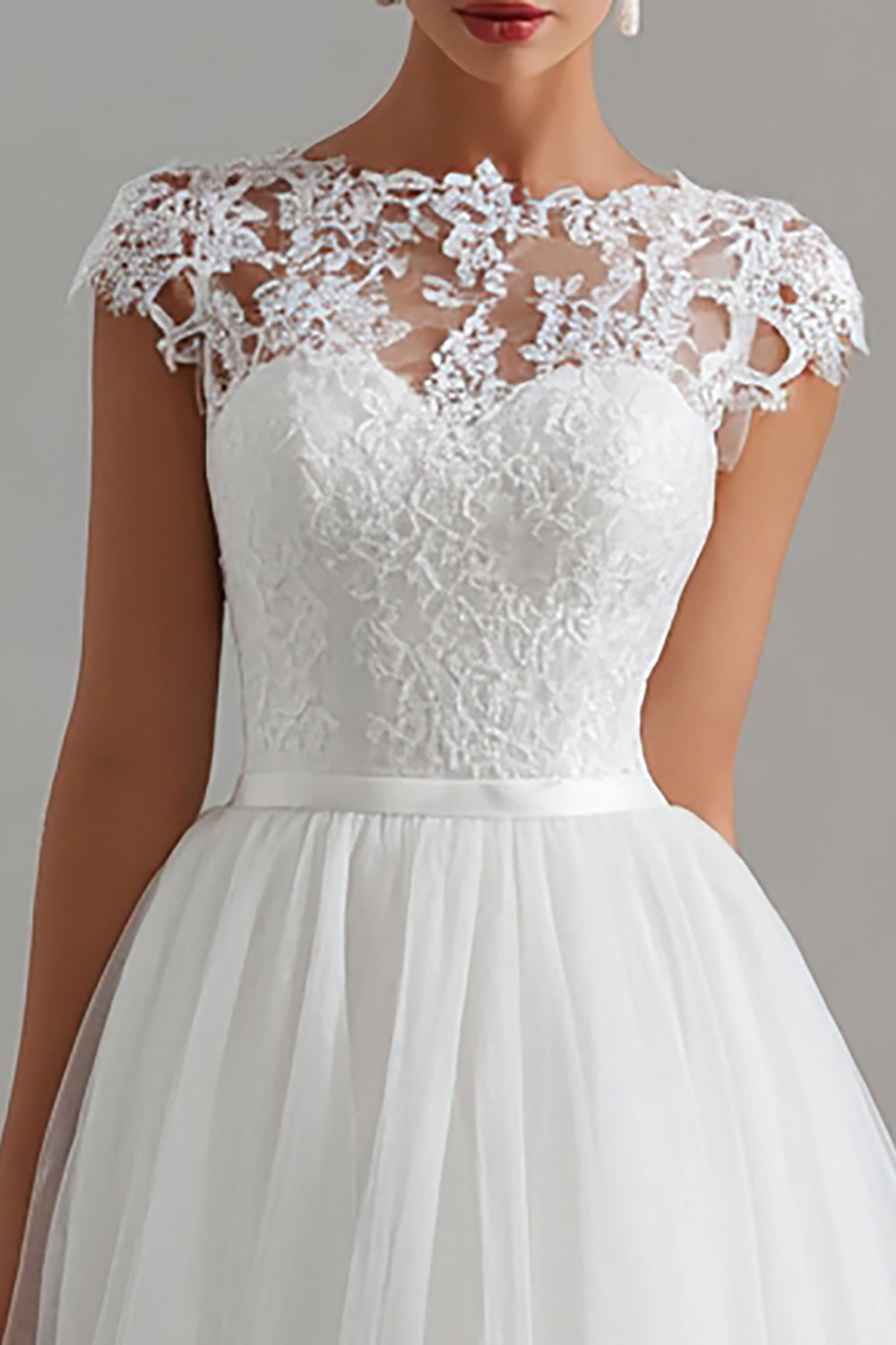 White Tulle A Line Bateau Neck Midi Engagement Dress with Lace