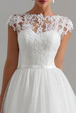 White Tulle A Line Bateau Neck Midi Engagement Dress with Lace