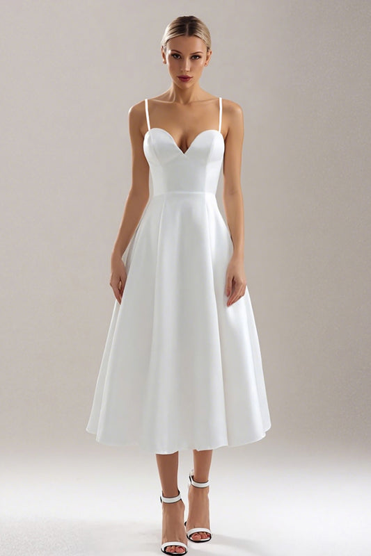 White Satin A Line Spaghetti Straps Midi Wedding Reception Dress
