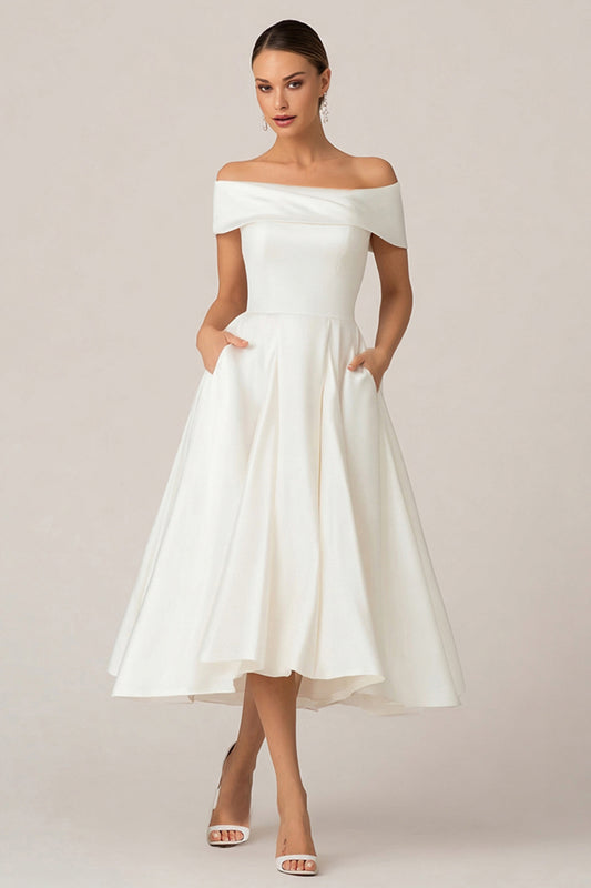 White Satin Off the Shoulder Midi Wedding Reception Dress with Pockets
