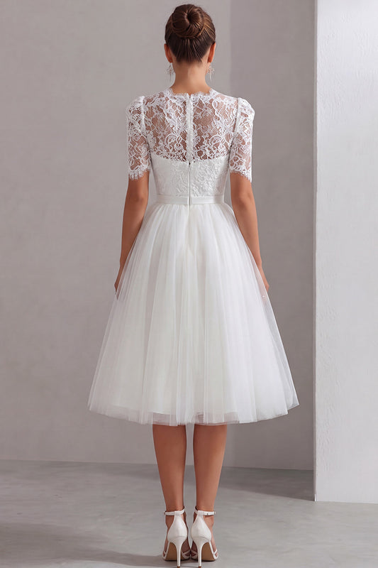 White A Line Tulle Short Sleeves Midi Engagement Dress with Lace