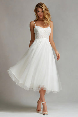 White Spaghetti Straps A Line Midi Engagement Dress with Lace