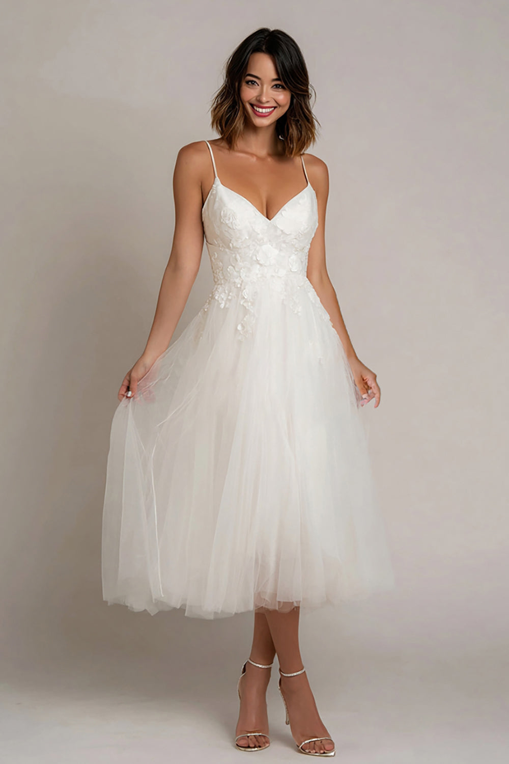 Zapakasa Women White Tulle Midi Engagement Dress with Lace A Line