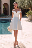 Simple White Satin Off the Shoulder A Line Short Wedding Dress
