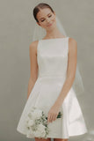 White A Line Satin Bateau Neck Short Wedding Dress