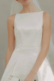 White A Line Satin Bateau Neck Short Wedding Dress