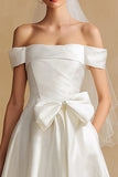 White Off the Shoulder Satin Long Wedding Dress with Bow