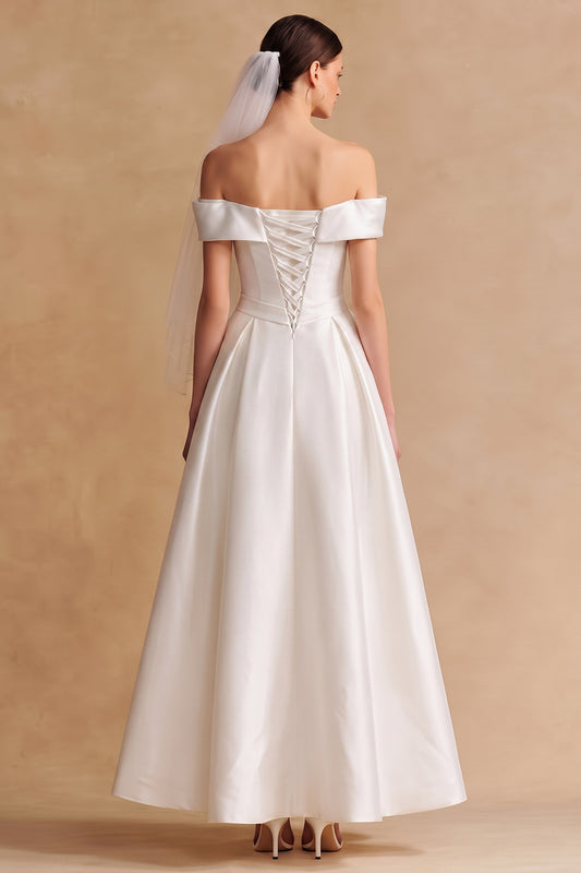 White Off the Shoulder Satin Long Wedding Dress with Bow