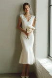 White Mermaid V-Neck Satin Midi Wedding Dress