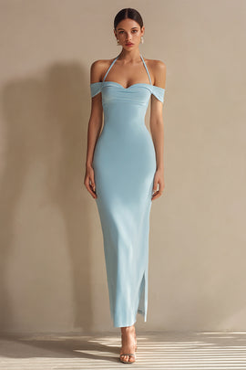 Sky Blue Halter Mermaid Long Formal Dress with Slit