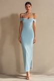 Sky Blue Halter Mermaid Long Formal Dress with Slit
