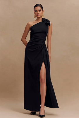 Black One Shoulder Sheath Long Formal Dress with Slit