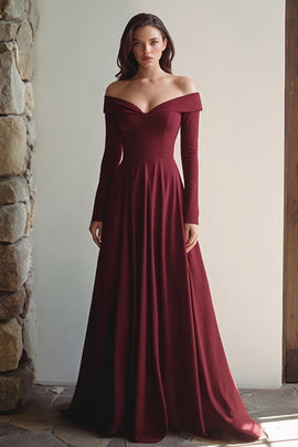 Burgundy Off the Shoulder Long Formal Dress with Sleeves