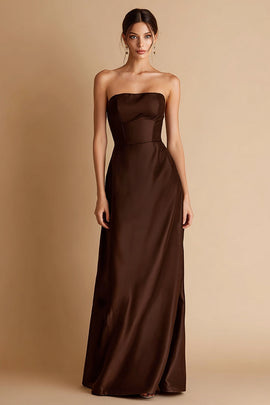 Coffee Satin Strapless Sheath Long Formal Dress