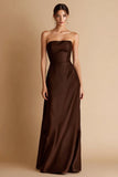 Coffee Satin Strapless Sheath Long Formal Dress
