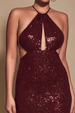 Sparkly Burgundy Sequin Halter Sheath Long Holiday Party Dress with Keyhole