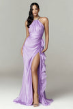 Sparkly Lilac Ruffled Halter Mermaid Long Formal Dress with Slit
