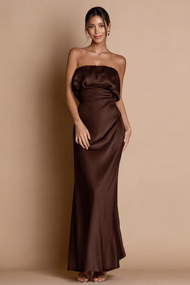 Coffee Satin Strapless Mermaid Long Formal Dress