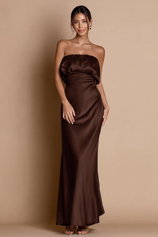 Coffee Satin Strapless Mermaid Long Formal Dress