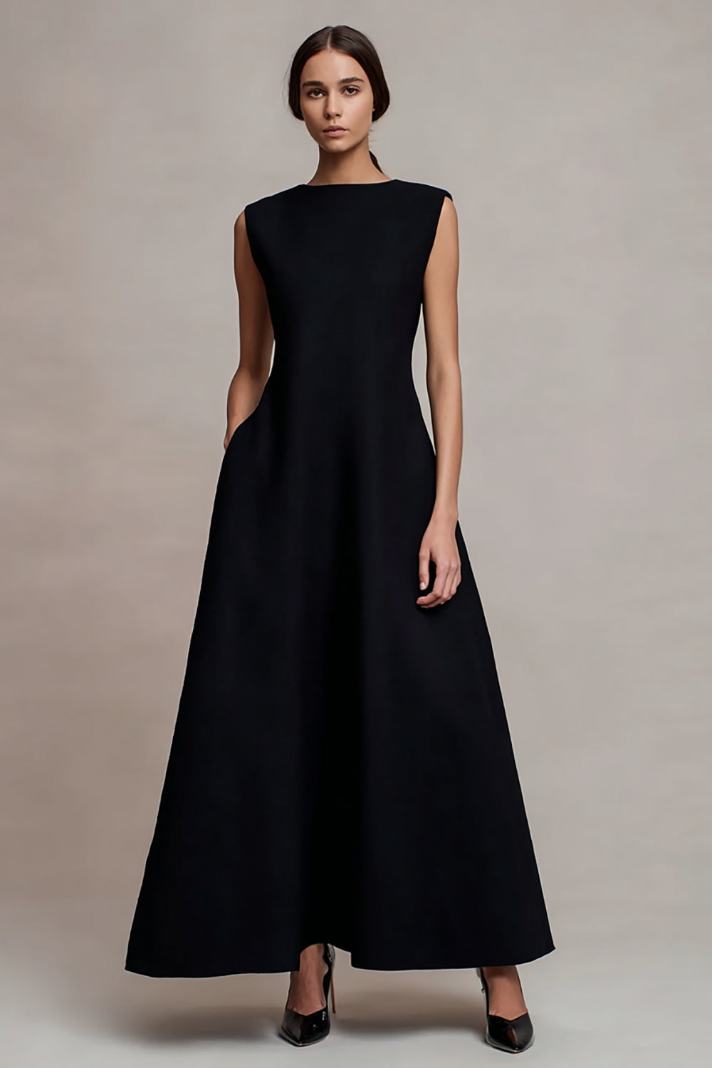 Black Satin Bateau Neck Long Formal Dress