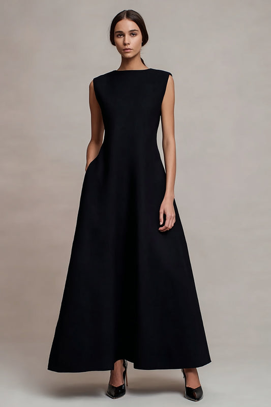 Black Satin Bateau Neck Long Formal Dress