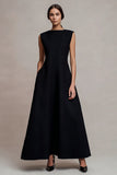 Black Satin Bateau Neck Long Formal Dress