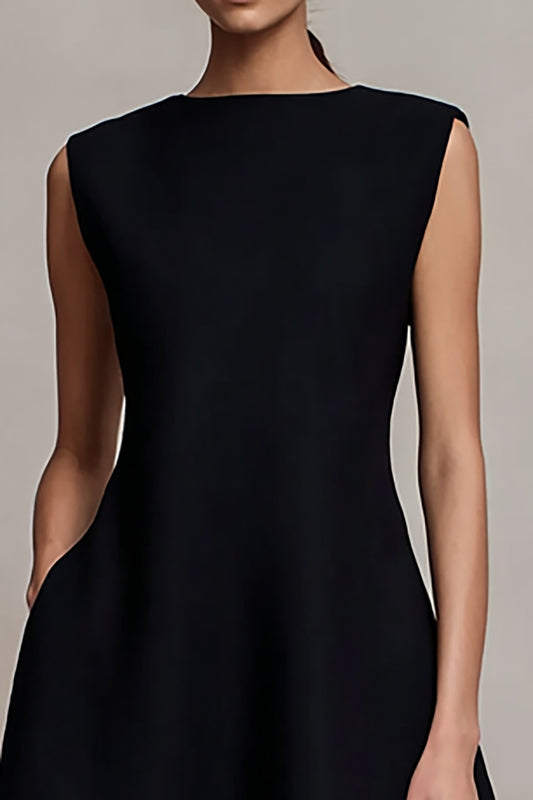 Black Satin Bateau Neck Long Formal Dress