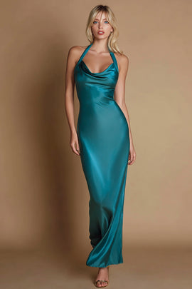 Peacock Satin Halter Sheath Long Formal Dress