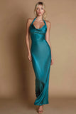 Peacock Satin Halter Sheath Long Formal Dress