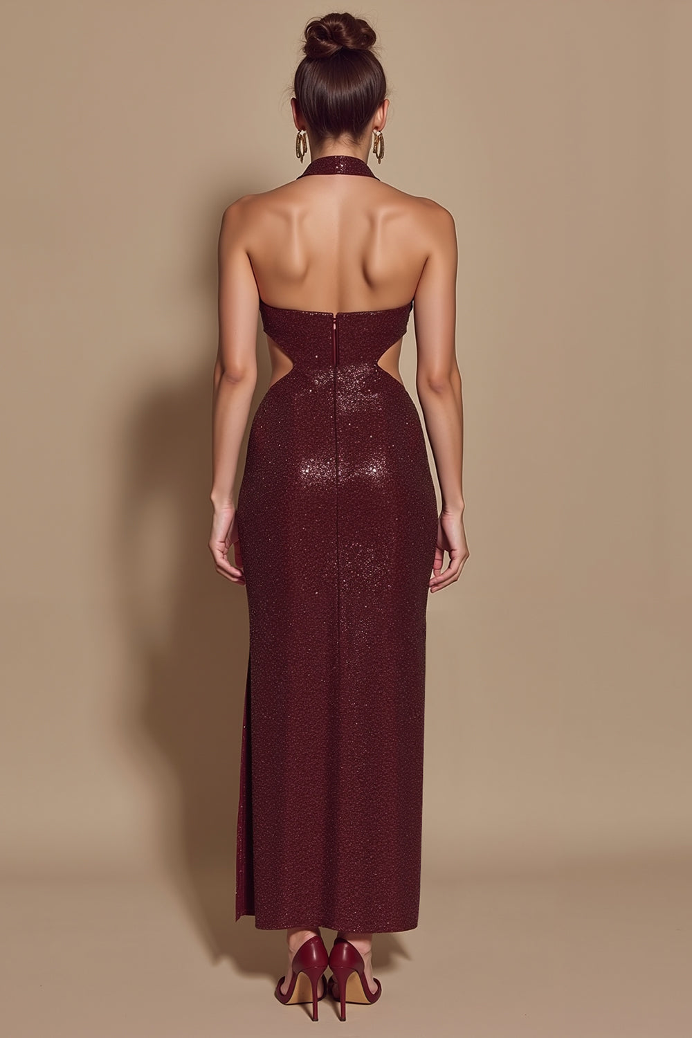 Sparkly Burgundy Sequin Halter Cut Out Mermaid Long Holiday Party Dress