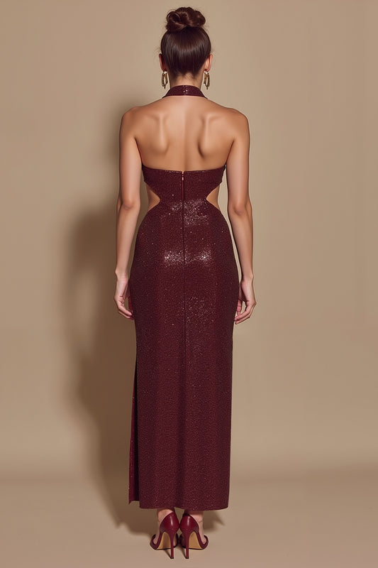 Sparkly Burgundy Sequin Halter Cut Out Mermaid Long Holiday Party Dress