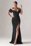 Red Mermaid Long Holiday Party Dress with Slit Ruched Off the Shoulder Formal Dress