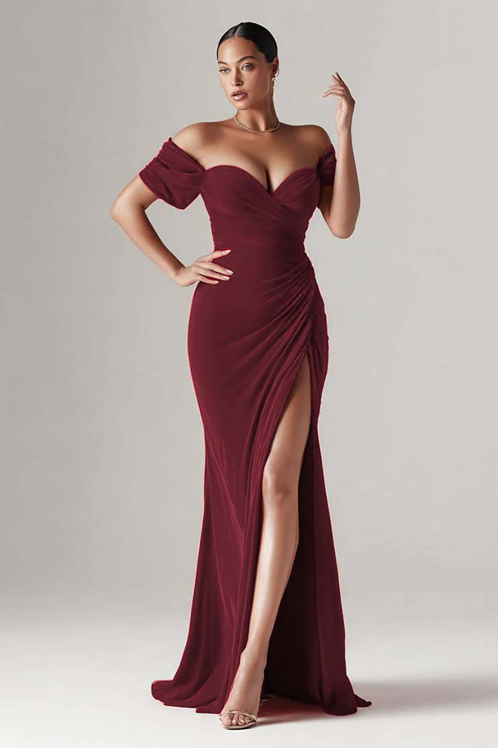 Red Mermaid Long Holiday Party Dress with Slit Ruched Off the Shoulder Formal Dress